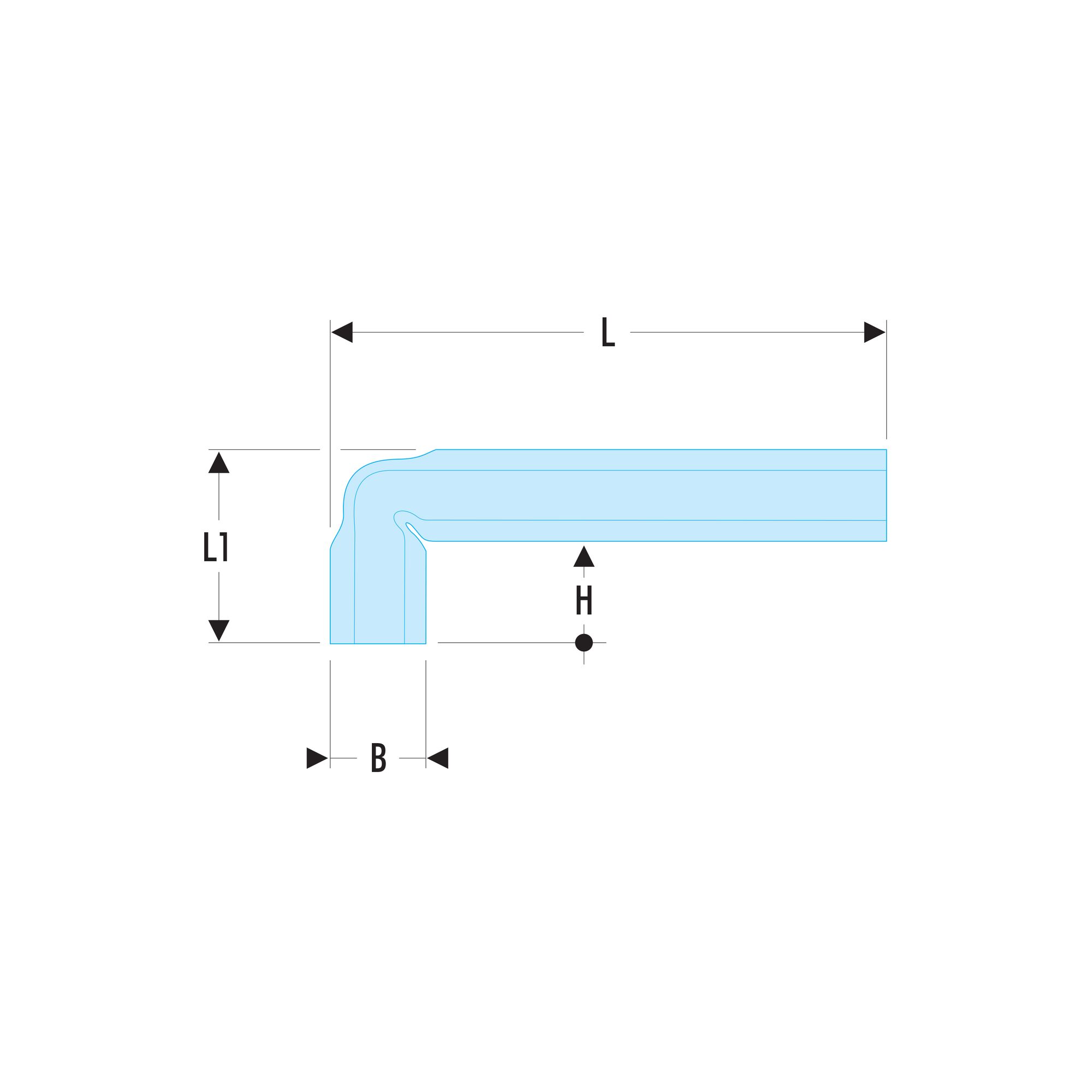 Facom 92A_21 graphics illustration of an L-shaped tool with labeled dimensions L, L1, B, and H, side view.